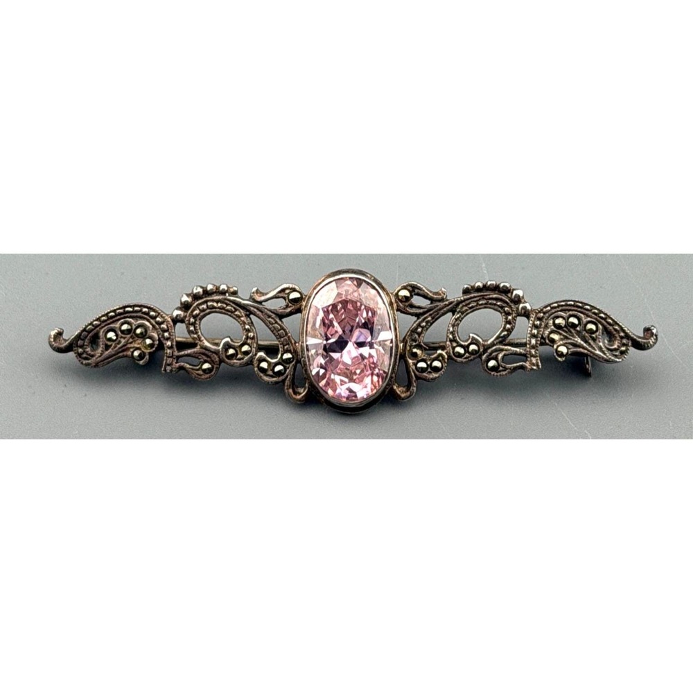 Vintage Sterling Silver Bar Brooch Marcasite Pink Glass Oval Center 2.75"